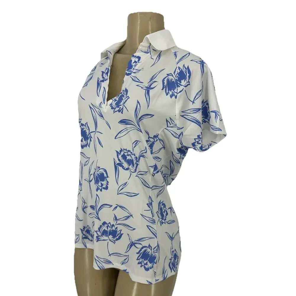 Ralph Lauren White Short Sleeve Polo Top with Blue Floral Print